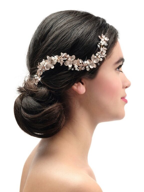 Flexibel haarjuweel met bloemen, parels, kristallen en strass steentjes – rosé – BB433 – € 90