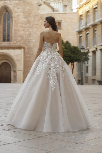 Ball gown wedding dress, strapless tulle skirt & lace bustier