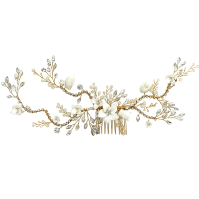 Vintage haarkam met porseleinen bloemen, kristallen bladeren en ivory parels 20x7cm 6073 € 110