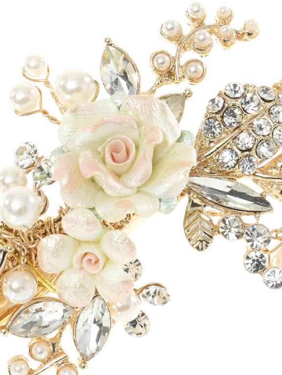 bruidsaccessoires - Goudkleurig haarjuweel aan een clip met porseleinen bloemen in pastelkleuren, blaadjes met strass steentjes en ivoorkleurige parels - BB-264 - Prijs € 80