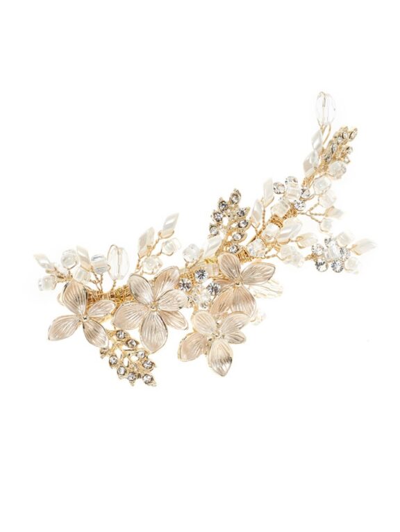 Zilverkleurige of rosé goudkleurige of goudkleurige bloemen, ivoorkleurige parels, kristallen en strass steentjes op een haarclip - code BB-432 - Prijs € 70