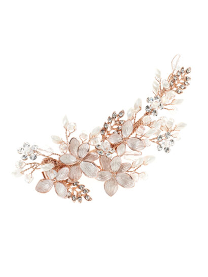 Zilverkleurige of rosé goudkleurige of goudkleurige bloemen, ivoorkleurige parels, kristallen en strass steentjes op een haarclip - code BB-432 - Prijs € 70