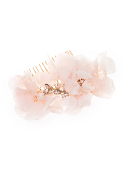 Haarjuweel met echt roze of ivoorkleurige hortensiabloemen en blush- of naturelkleurige strass steentjes op een goud- of zilverkleurige kam - code BB-463 - Prijs € 70
