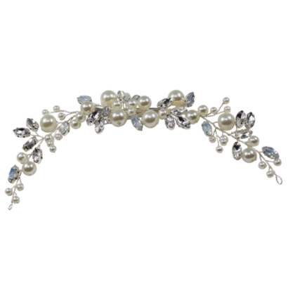 Crystal embellished headpiece - embellished with simulated ivory pearls, opal and clear glass crystals on a sparkly silver vine- fitted with a clip at the back for a perfect fit.