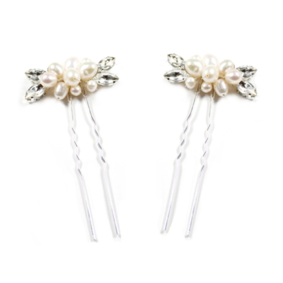 Divine pair of exquisite hair pins - embellished with freshwater pearls and clear glass crystals on a sparkly silver finish. Code 7281 - € 50 (set)
