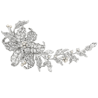 Elite collection - Vintage inspired crystal extravagance headpiece. Unique in design embellished with clear cz crystals and ivory pearls. A statement piece designed to be worn in an updo or can also be worn at the side. Fitted with a crocodile clip for a secure fit. Size is 18cm x 7cm. Code 1598 - € 200