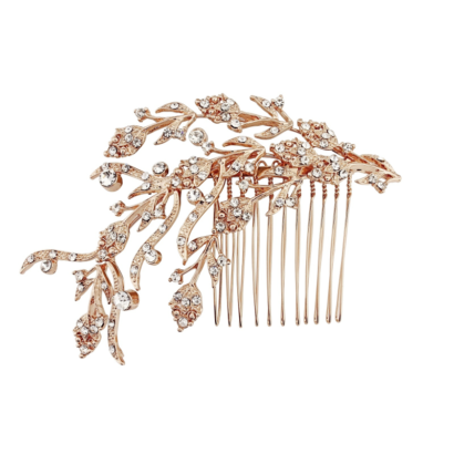 Exquisite treasure comb - inspired by vintage - embellished with high quality Austrian crystals on a Rose Gold plated finish. This is a very versatile comb can be worn in various ways. Approx 15cm wide.