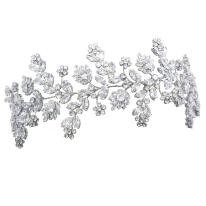 Gatsby style headpiece - A symphony of Marquise cut tropical flowers and marquise cut crystal leaves. High quality cubic zirconia crystals on a shine silver finish. Code 7001 - € 160