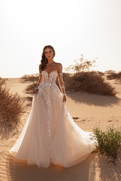Dama Couture Tamara A-lijn trouwjurk met transparante kanten top en blush ondertoon